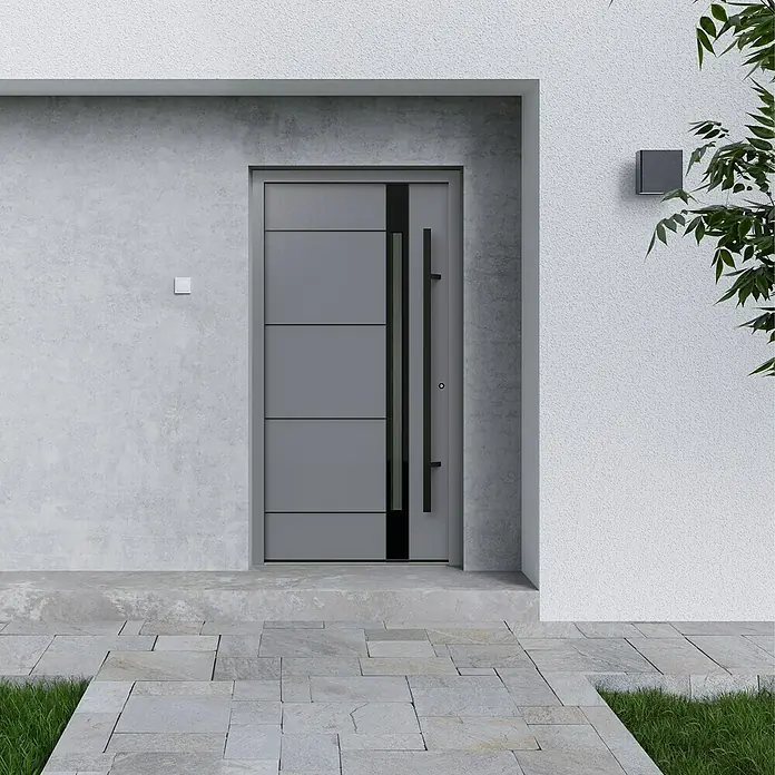 Gerda Haustür Thermo Prime 75 Rodan - 100 cm x 210 mm, DIN Anschlag: Rechts, Grau, Schwarze Details - Graue Haustür mit vertikalen Paneelen und schwarzem Griff. Ein moderner und stilvoller Eingangsbereich für jedes Zuhause.