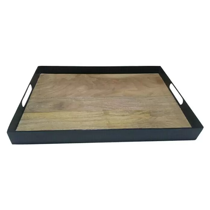 Deko-Tablett - Natur/Schwarz, 46 x 31 cm, Holz - Rechteckiges Serviertablett mit dunklem Metallrahmen, Naturholz-Interieur und Griffausschnitten.