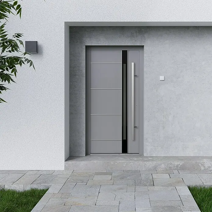 Gerda Haustür Thermo Prime 75 Rodan - 100 cm x 210 mm, DIN Anschlag: Rechts, Grau, Details in Edelstahl - Elegante, moderne Haustür in Grau mit silbernen Akzenten, die ein stilvolles und einladendes Ambiente für jeden Hauseingang schafft.