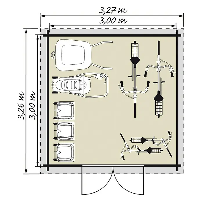 Kiehnholz Gartenhaus Espoo 474 - Außenmaß inkl. Dachüberstand (B x T): 323 x 321 cm, Holz, Natur - Bild eines Gartenhauses mit Fahrrädern, Rasenmähern und Stühlen. Die Maße des Gartenhauses betragen 3,27 m x 3,26 m.