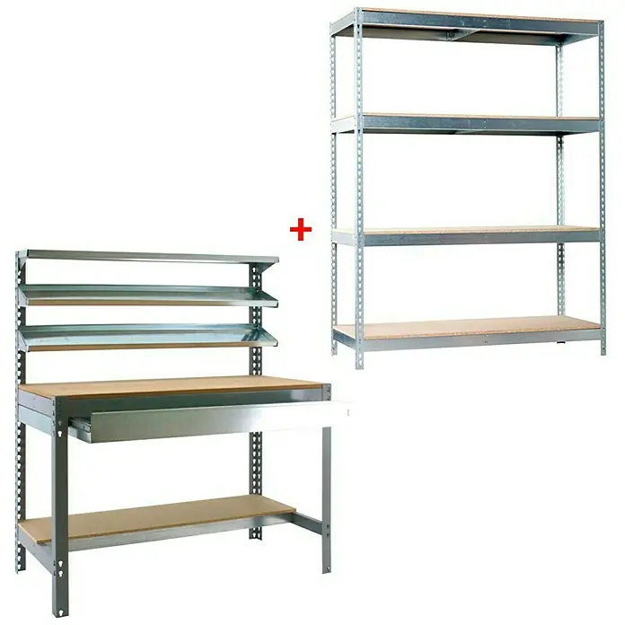 Simonrack Juego de banco de trabajo BT1 Box 151 con estantería Chipboard Ecoforte - Metal, 2 pzs. - Imagen de un banco de trabajo y una estantería metálica con estantes de madera, mostrados con un signo más en el medio.