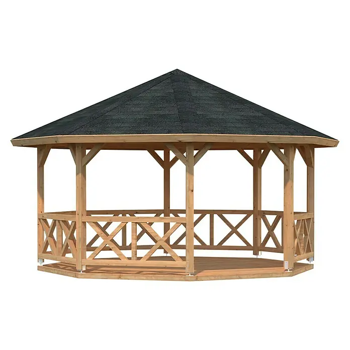 Palmako Pavillon Betty - Außenmaß: 551 x 551 cm, Braun, Fichte - Detailaufnahme eines Holzpavillons mit einem dunklen Dach, der einen stilvollen Unterstand im Freien bietet.