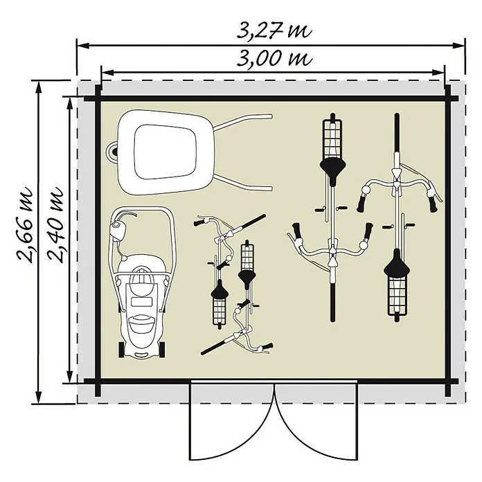 Kiehnholz Gartenhaus Espoo 475 - Außenmaß inkl. Dachüberstand (B x T): 323 x 261 cm, Holz, Natur - Grundriss eines Gartenhauses mit Rasenmäher, Schubkarre und Fahrrädern. Die Maße sind 3,27 m x 2,66 m.