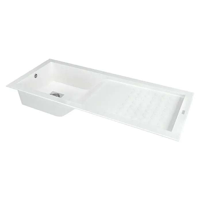 Carea Einbauspüle Vague - 118 x 50 cm, Weiß, Material Spüle: CAREAgranit® - Das Bild zeigt ein modernes, weißes Spülbecken mit einer Abtropffläche. Das Design ist minimalistisch und funktional für eine stilvolle Kücheneinrichtung.