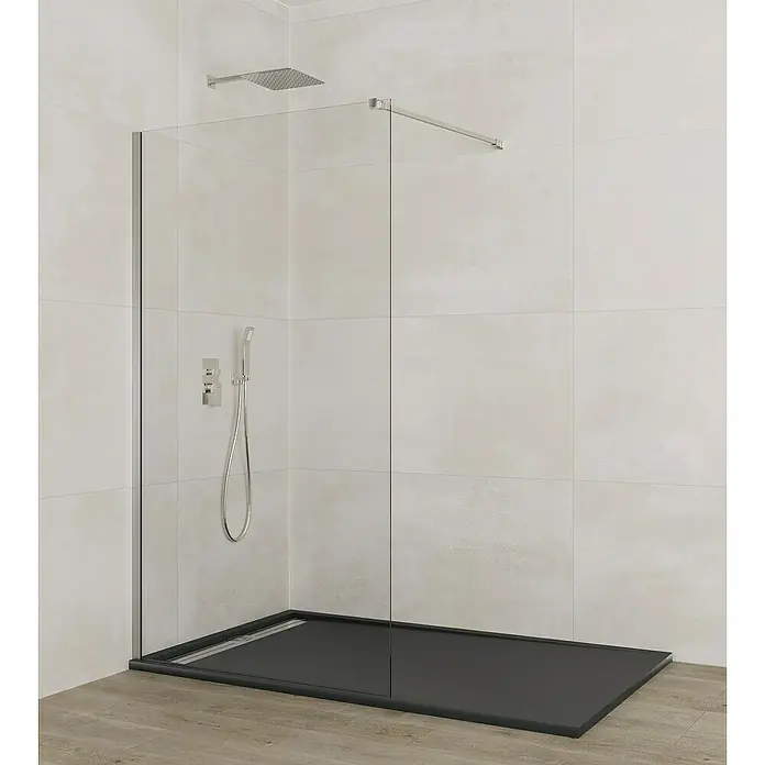 GME Mampara de ducha fija + brazo Screen - An x Al: 118 x 195 cm, Vidrio transparente, Plata brillo - Elegante ducha a ras de suelo con rociador cuadrado y plato de ducha antracita para un diseño de baño moderno.