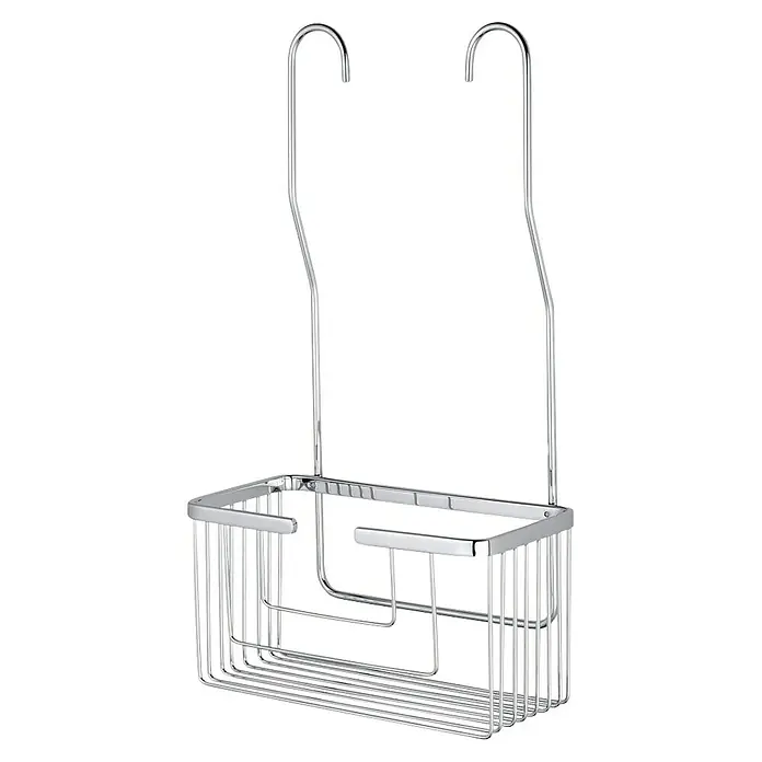 IO Cesta de baño colgante - 13 x 25 x 45 cm, Acero inoxidable, Cromo - Esta imagen muestra una estantería de ducha cromada con ganchos para colgar, ideal para mantener champús y otros artículos de aseo organizados en la ducha.