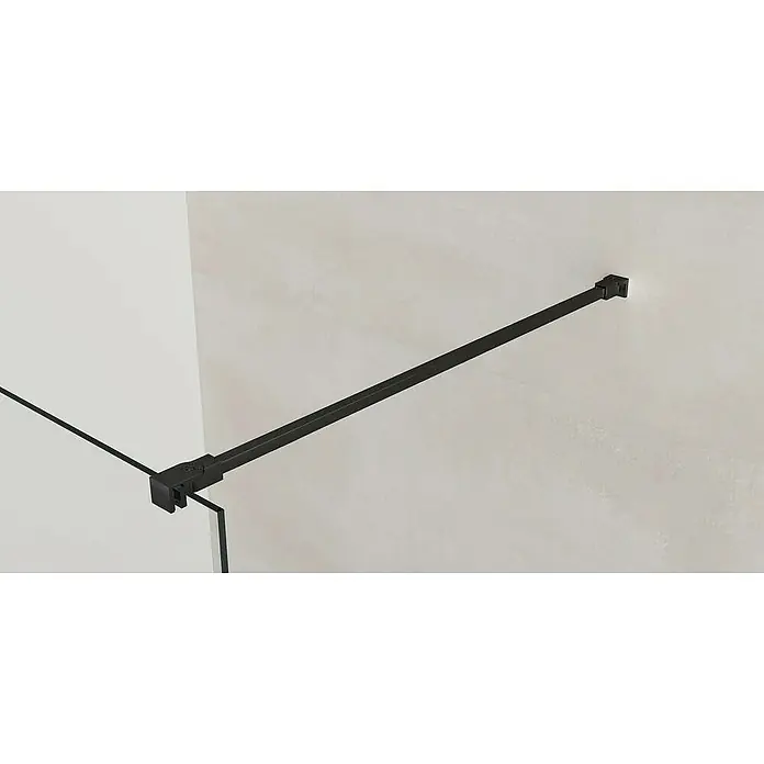 GME Brazo de agarre ajustable a la pared Screen Black Chess - Cuadrado, Negro - Primer plano de una cabina de ducha con una barra estabilizadora negra y soporte de pared, que asegura mayor estabilidad.