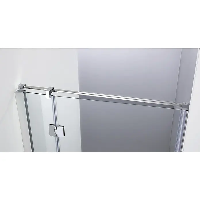 GME Barra de soporte para mampara de ducha para mamparas Screen/Open/Glass - Ancho: 140 cm, Acero inoxidable, Plata brillo - Imagen de una mampara de ducha de vidrio transparente moderna con accesorios cromados y líneas limpias para un diseño de baño minimalista.