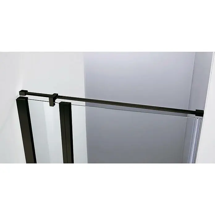 GME Barra de soporte para mampara de ducha para mamparas Screen/Open/Glass - Ancho: 140 cm, Acero inoxidable, Negro - Primer plano de una cabina de ducha moderna con marco negro y vidrio transparente, destacando su diseño minimalista.