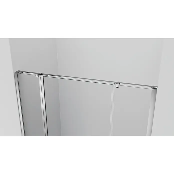 GME Barra de soporte para mampara de ducha para mamparas Screen/Open/Glass - Ancho: 200 cm, Acero inoxidable, Plata brillo - Primer plano de una elegante mampara de ducha con paneles de vidrio transparente y un elegante marco cromado, que muestra un diseño moderno de baño.