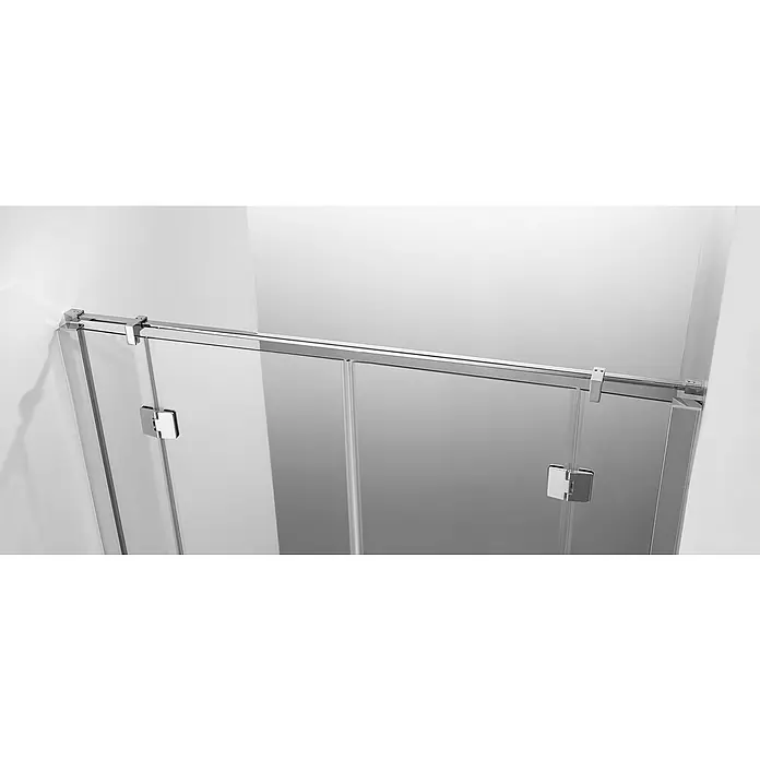 GME Barra de soporte para mampara de ducha para mamparas Screen/Open/Glass - Ancho: 200 cm, Acero inoxidable, Plata brillo - Primer plano de una moderna puerta de ducha corredera de vidrio sin marco con herrajes plateados en un baño.
