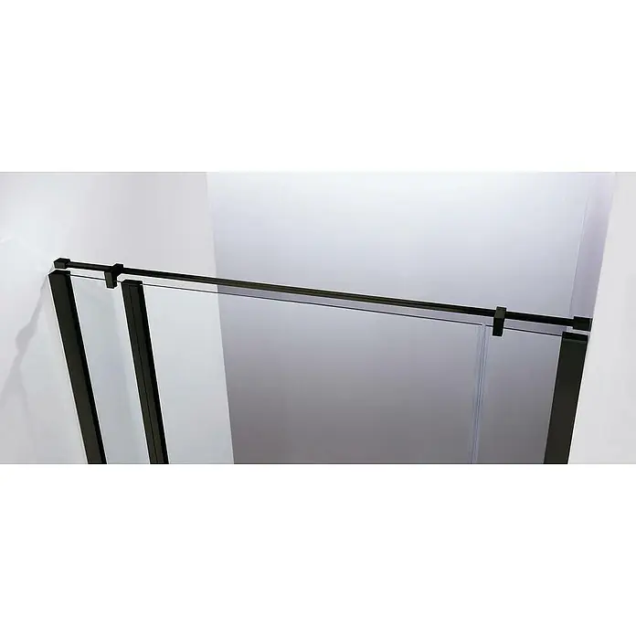 GME Barra de soporte para mampara de ducha para mamparas Screen/Open/Glass - Ancho: 200 cm, Acero inoxidable, Negro - Primer plano de una mampara de ducha con marcos negros y paneles de vidrio transparente, con un diseño moderno y minimalista.