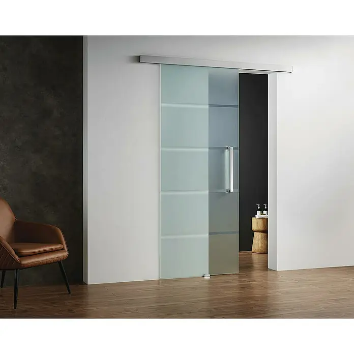 GME Puerta corredera de vidrio - 85 x 220 cm, Vidrio templado, Cromo - Elegante puerta corredera de vidrio esmerilado con manija, que realza la estancia con su diseño moderno. Ideal para interiores estilosos.