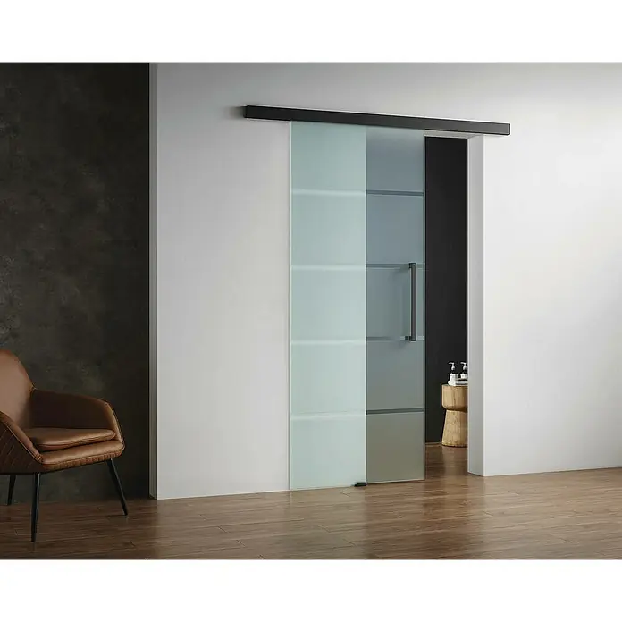GME Puerta corredera de vidrio - 75 x 220 cm, Vidrio templado, Negro mate - Elegante puerta corredera de vidrio con diseño minimalista. La puerta corredera ofrece una división de ambientes elegante y un toque moderno a cualquier espacio.