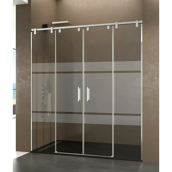 GME Mampara de ducha frontal Futura Spazio - 180 x 200 cm, Espesor de vidrio: 6 mm, Plata brillo, Vidrio serigrafiado - Elegante cabina de ducha con puertas correderas. La mampara de vidrio tiene un diseño moderno con rayas horizontales y marcos plateados.