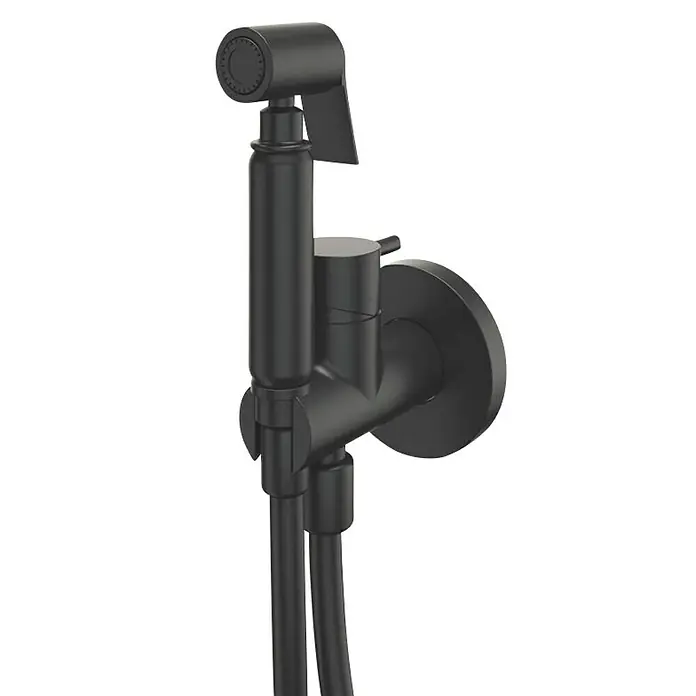 IO Round Grifo monomando de bidé - Negro mate - Juego de rociador de bidé negro con soporte de pared y manguera para la higiene.