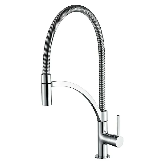 IO Grifo de cocina extraíble Design - Cromo, Brillante - Grifo de cocina cromado con cuello de resorte, que ofrece un uso flexible y una estética moderna.\n