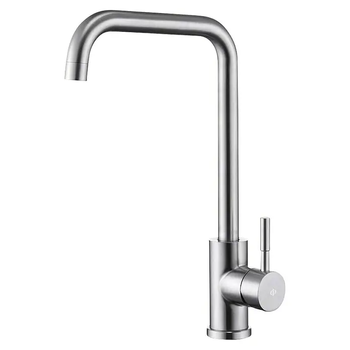 IO Grifo de cocina Noah - Acero, Satinado - Primer plano de un moderno grifo de cocina en acero inoxidable cepillado, con un diseño minimalista y líneas limpias.