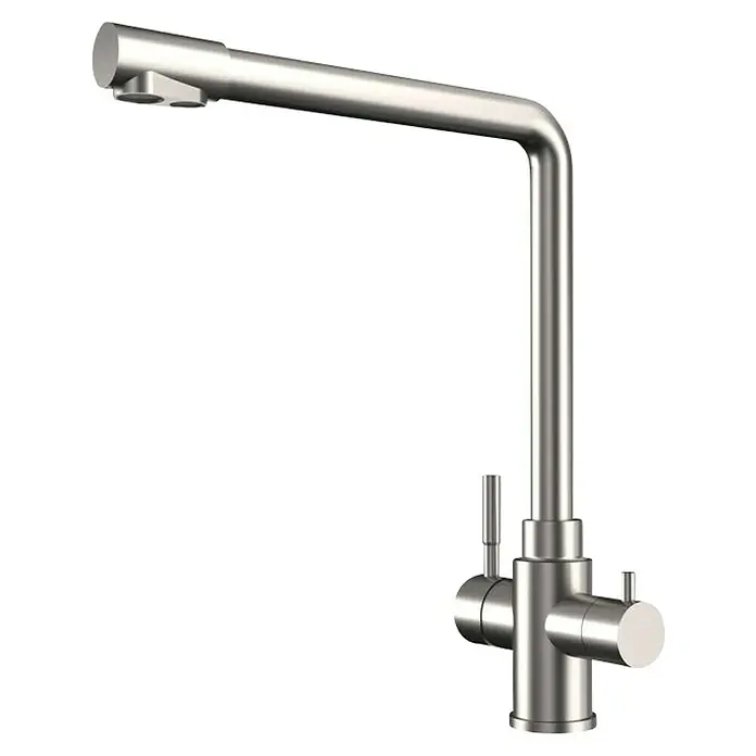 IO Grifo de cocina Osmosis - Acero, Satinado - Elegante grifo con caño curvo y doble palanca, ideal para cocinas modernas. Fabricación de alta calidad y diseño elegante.