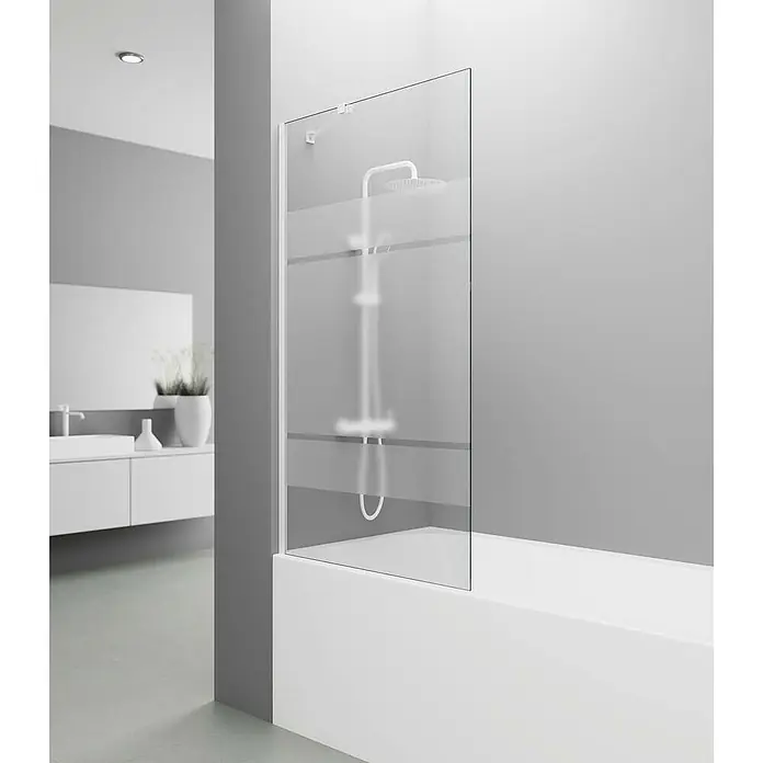 GME Mampara para bañera + brazo Screen - An x Al: 85 x 150 cm, Vidrio serigrafiado, Blanco - La imagen muestra una mampara de bañera de cristal moderna con detalles blancos, que complementa un diseño de baño elegante.