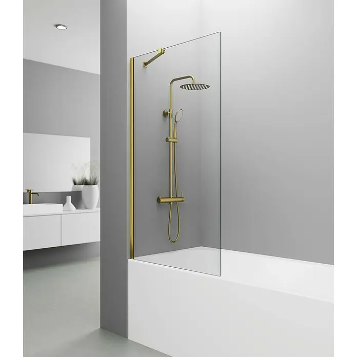 GME Mampara para bañera + brazo Screen - An x Al: 85 x 150 cm, Oro, Vidrio transparente - Bañera moderna con mampara de ducha y accesorio de ducha dorado para un diseño de baño elegante.