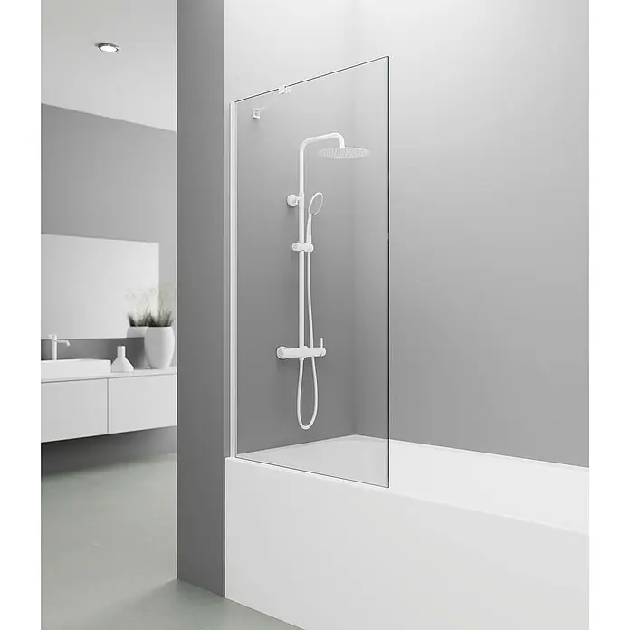GME Mampara para bañera + brazo Screen - An x Al: 85 x 150 cm, Blanco, Vidrio transparente - Vista moderna del baño con un panel de ducha de vidrio minimalista, que proporciona una protección contra salpicaduras elegante y mejora el diseño minimalista.