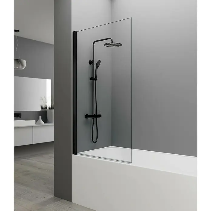 GME Mampara para bañera Open 1 Abatible - An x Al: 85 x 150 cm, Negro - Elegante mampara de bañera con marco negro y rociador de ducha. El vidrio ofrece un diseño moderno y minimalista en el baño.