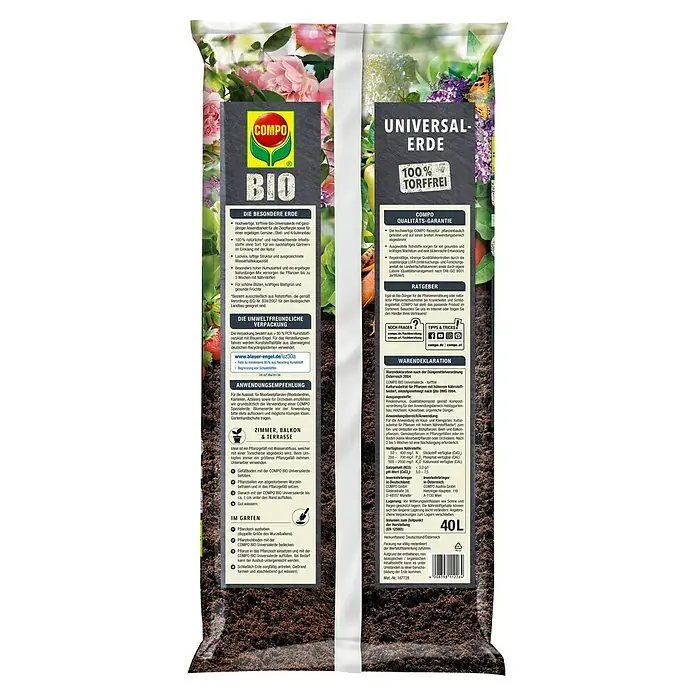 Compo Bio Blumenerde - 40 l - Abbildung eines COMPO Bio Universalerde-Sacks, torffrei, für den universellen Einsatz in Garten, Balkon und Terrasse.