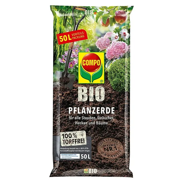 Compo Blumenerde - 50 l - Abbildung einer 50L Packung Compo Bio Pflanzerde, torffreie, organische Erde für Stauden, Sträucher, Hecken und Bäume.