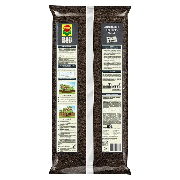 Compo Hochbeetmulch50 l - Eine Verpackung COMPO BIO Gemüse- und Hochbeet-Mulch, torffrei, mit Anwendungs- und Deklarationshinweisen. Ideal für naturnahes Gärtnern!