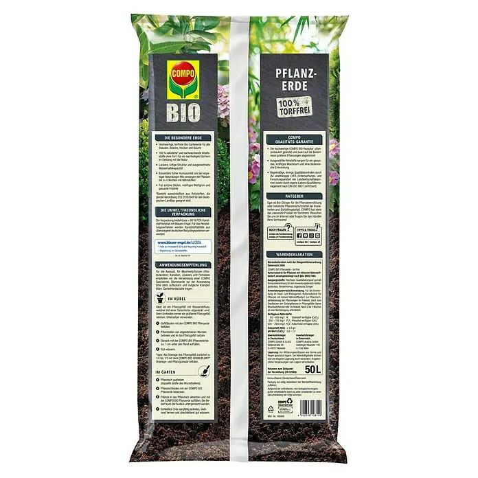 Compo Blumenerde - 50 l - COMPO BIO Pflanzerde: Torffreie Bio-Gartenerde für gesundes Wachstum. 100% natürlich, ideal für Stauden, Büsche, Hecken und Bäume.
