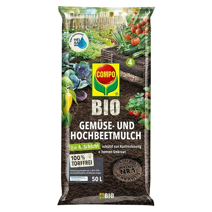 Compo Hochbeetmulch50 l - Abbildung einer Verpackung von COMPO BIO Gemüse- und Hochbeetmulch.