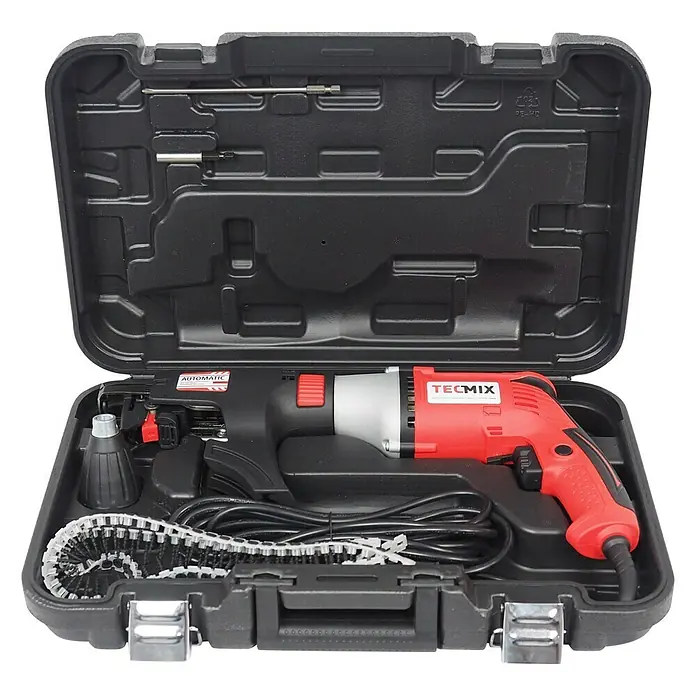 Berg Tecmix Trockenbauschrauber TBS 550 - 550 W - Werkzeugkasten mit rotem TECMIX-Schrauber, Zubehör und Schraubenband. Das Set ist übersichtlich in einem schwarzen Koffer verstaut.