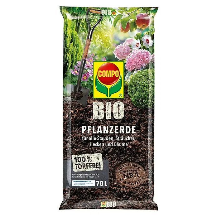 Compo Blumenerde - 70 l - Abbildung einer Packung COMPO BIO Pflanzerde, torffreie Blumenerde für Stauden, Sträucher, Hecken und Bäume, 70 Liter.