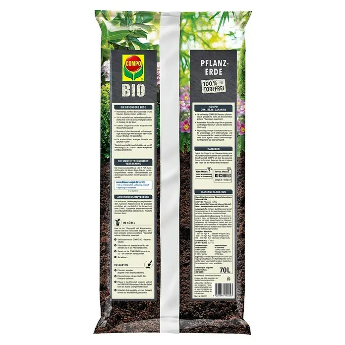 Compo Blumenerde - 70 l - Eine Packung COMPO BIO Pflanzerde, torffreie Bio-Gartenerde für Stauden, Büsche und Bäume, mit Hinweisen zur Anwendung.