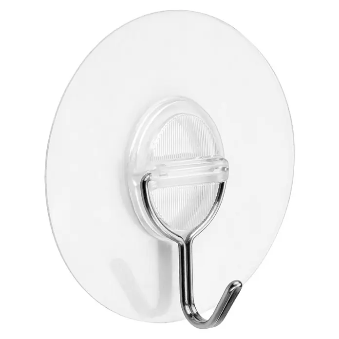 Inofix Gancho para colgar 1292 - Diámetro: 65 mm, Transparente - Primer plano de un gancho de pared autoadhesivo blanco con gancho de metal para artículos ligeros del hogar.