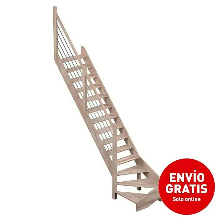 Sogem Escalera principal Nevada - Color peldaños: Haya, Ancho: 82 cm, 1/4 espiral izquierda, Altura de planta: 285 cm - Una escalera de madera clara con barandillas metálicas y un anuncio rojo de "envío gratuito". Ideal para el hogar.