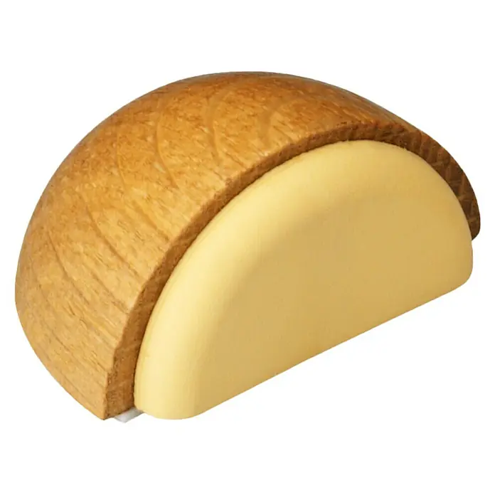 Inofix Tope de puerta 2039 - Madera, Roble, 1 ud. - Tope de puerta de madera en forma de media luna con inserción de goma amarilla clara, ideal para proteger puertas y paredes. Un accesorio práctico.