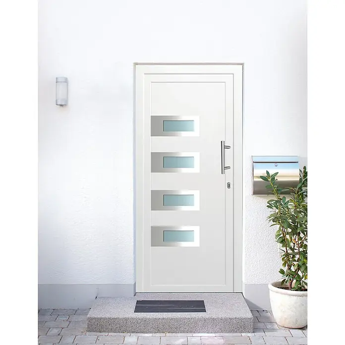 Solid Elements Haustür KF-303 - 110 x 210 cm, DIN Anschlag: Rechts, Weiß - Modern wirkende, weiße Haustür mit vier rechteckigen Glaseinsätzen, einem Griff aus Edelstahl und einem Briefkasten aus Metall.