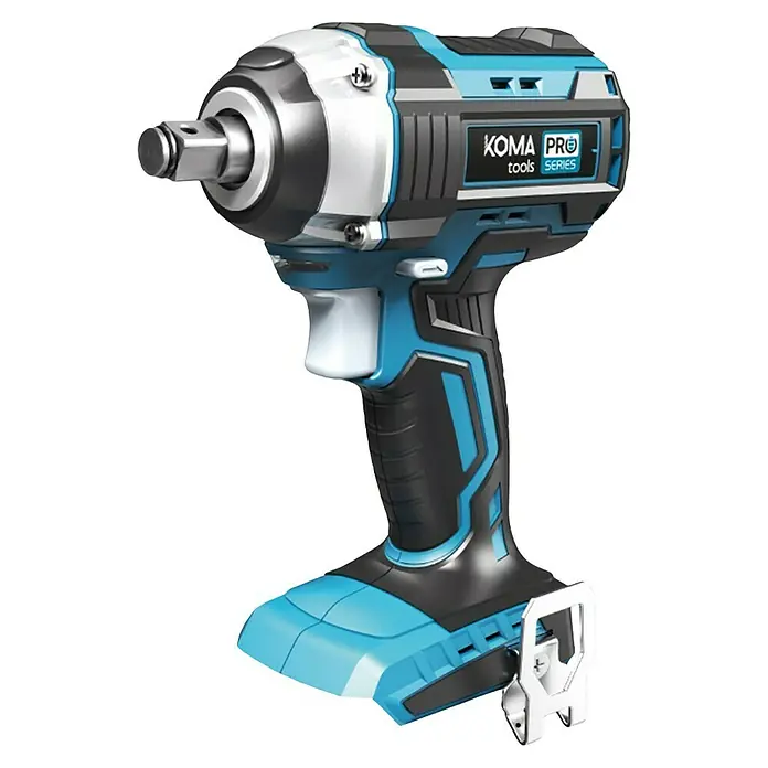 Koma Tools PRO Series Llave de impacto de batería - 20 V, Sin batería, 280 Nm - Imagen de una llave de impacto inalámbrica Koma Pro Tools Series con cuerpo azul y negro y cabezal plateado.