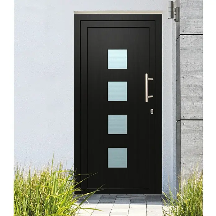 Solid Elements Haustür KF-103 - 110 x 210 cm, DIN Anschlag: Rechts, Anthrazit/Weiß - Moderne Haustür in Schwarz mit quadratischen Glaseinsätzen und einem eleganten Griff.