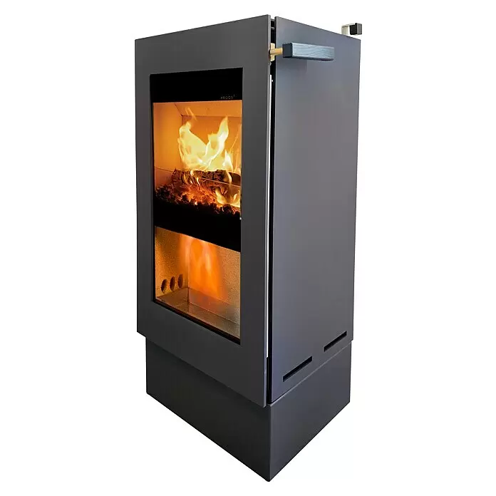 xeoos Kaminofen Patagonia X5 - 5 kW, Raumheizvermögen: 20 m³ - 70 m³, Farbe Verkleidung: Anthrazit - Moderner dunkelgrauer Holzofen mit Glastür, die aktive Flammen und glühende Glut zeigt. Schickes Design mit Holzgriff.