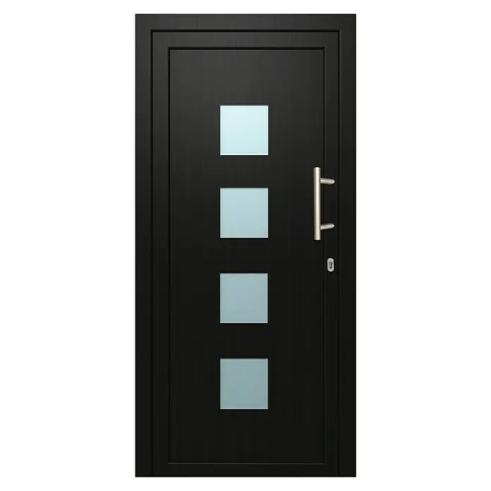 Solid Elements Haustür KF-103 - 110 x 210 cm, DIN Anschlag: Rechts, Anthrazit/Weiß - Schwarze moderne Haustür mit vier quadratischen Glaseinsätzen und einem langen Griff.