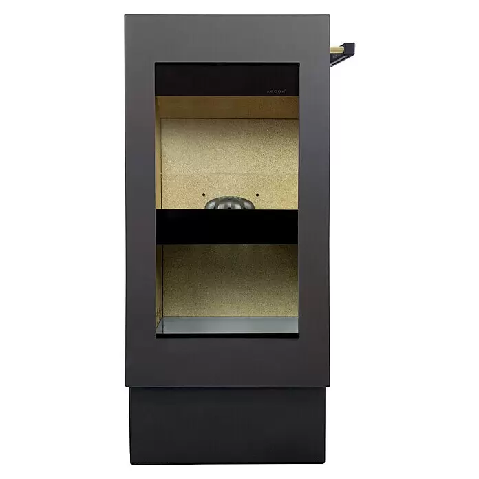 xeoos Kaminofen Patagonia X8 - 8 kW, Raumheizvermögen: 40 m³ - 100 m³, Material Verkleidung: Stahl, Anthrazit - Dunkelgrauer, säulenförmiger Ofen mit Glasfront, der einen hellen Innenraum zeigt. Oben rechts ist ein kleines Messingdetail sichtbar.