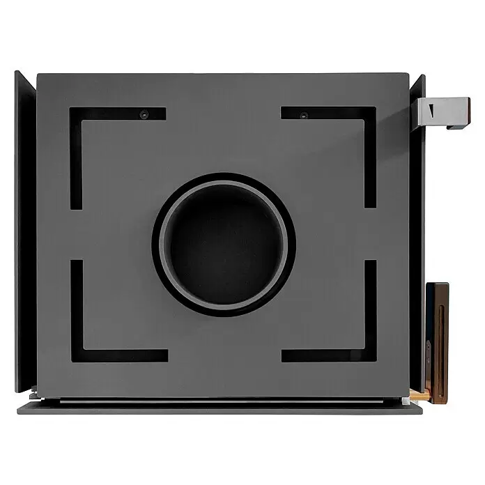 xeoos Kaminofen Patagonia X5 - 5 kW, Raumheizvermögen: 20 m³ - 70 m³, Farbe Verkleidung: Anthrazit - Aufsicht eines dunkelgrauen Metall-Kamineinsatzes mit zentralem Rauchrohranschluss, Lüftungsschlitzen und seitlichen Bedienelementen.