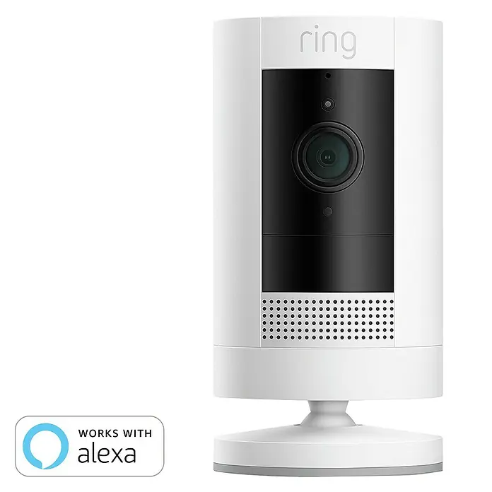 Ring Überwachungskamera außen Stick Up Cam Battery - Akkubetrieben, 1.080 Pixel (Full HD), Weiß - Nahaufnahme einer Ring Stick Up Cam, einer kabellosen Sicherheitskamera mit Alexa-Kompatibilität für den Innen- und Außenbereich.