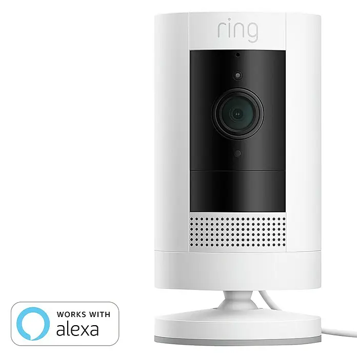 Ring Überwachungskamera außen Stick Up Cam Plug-In - Netzbetrieben, 1.080 Pixel (Full HD), Weiß - Ein hochauflösende Ring Sicherheitskamera für den Innenbereich zur Überwachung Ihres Zuhauses mit Alexa-Kompatibilität.