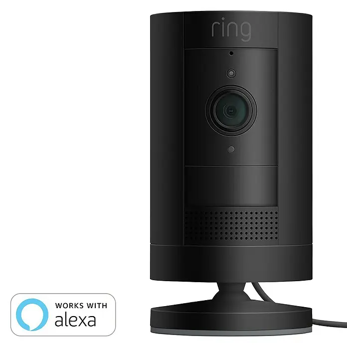 Ring Überwachungskamera außen Stick Up Cam Plug-In - Schwarz, Erfassungswinkel: 110 °, Netzbetrieben - Schwarze Ring Stick Up Cam mit Alexa-Kompatibilität für flexible Überwachung im Innen- und Außenbereich.