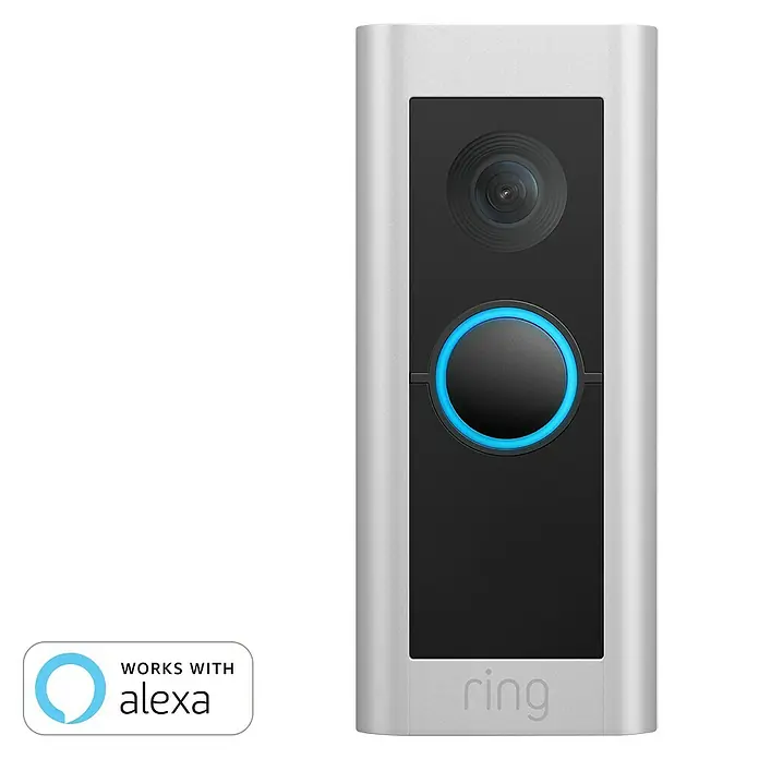 Ring Türklingel mit Kamera Video Doorbell Pro 2 Hardwired - Festverdrahtet, Nickel matt, 1536p HD, 2,2 x 4,9 x 11,4 cm, Smarte Steuerung: Ring App - Das Bild zeigt eine Ring Video Doorbell Pro, eine intelligente Türklingel mit Kamera und Alexa-Integration für erhöhte Sicherheit.