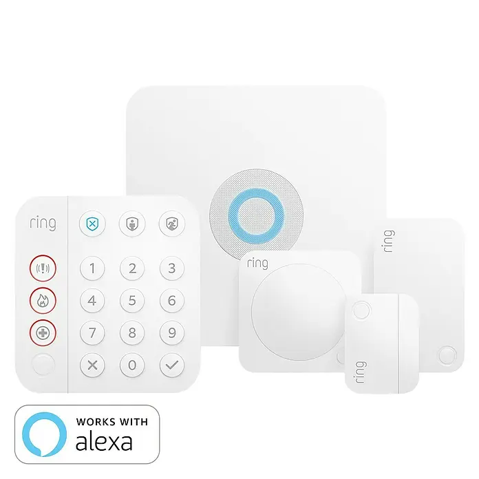 Ring Alarm Sicherheit Starter-Paket 5-teilig 2. Gen. - Smarte Steuerung: Ring App - Ein Ring Alarm Sicherheitssystem, bestehend aus Keypad, Basisstation, Kontaktsensoren und Bewegungsmelder, für umfassenden Schutz.